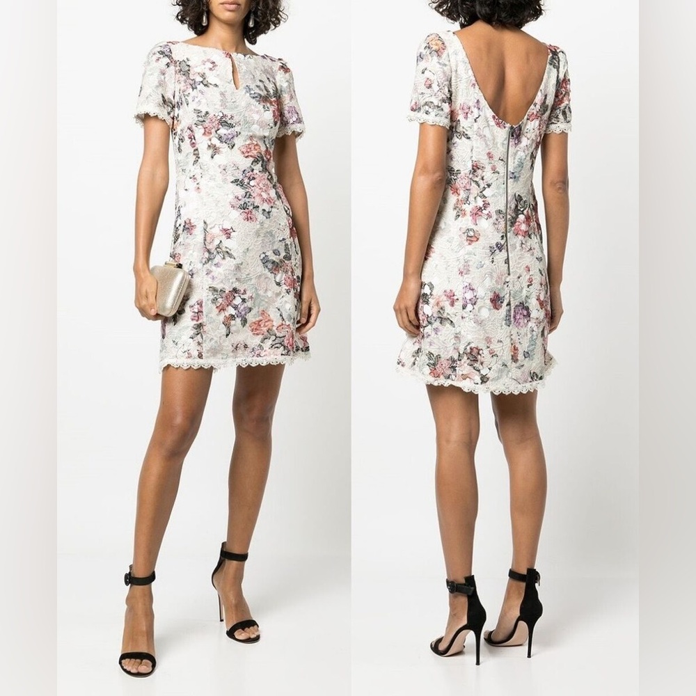 Marchesa Cream Floral Lace Mini Dress